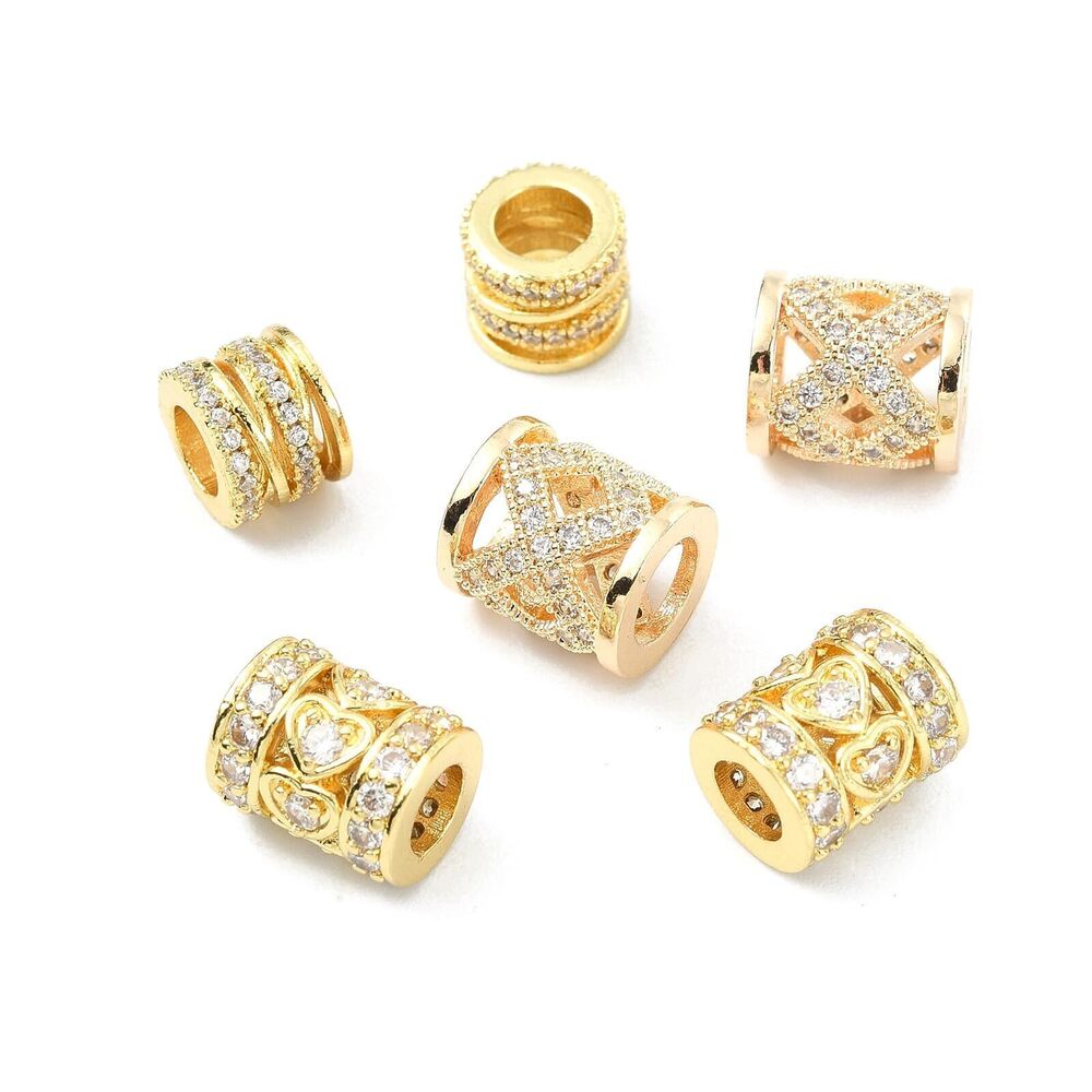 3820 6Pcs Golden Color Large Hole Spacer Beads Brass Cubic Zirconia Barrel